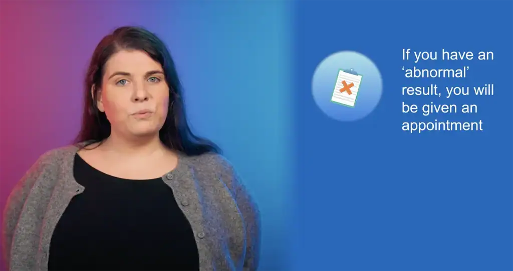 Woman explaining bowel screening process with clear visual aid for accessibility.