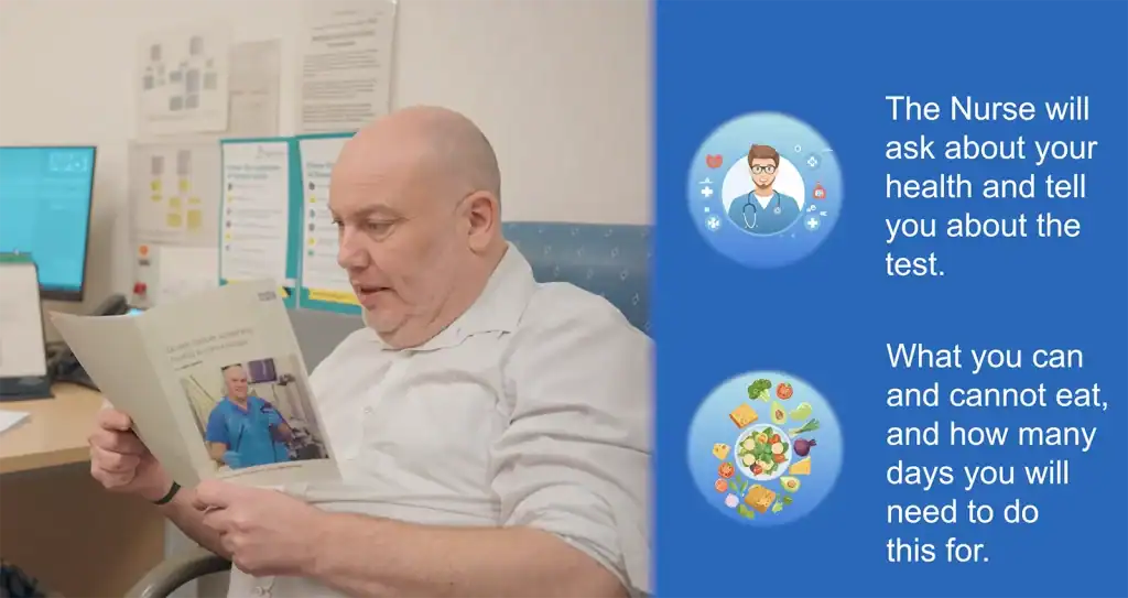 Nurse explaining bowel screening process in a calm, accessible manner.