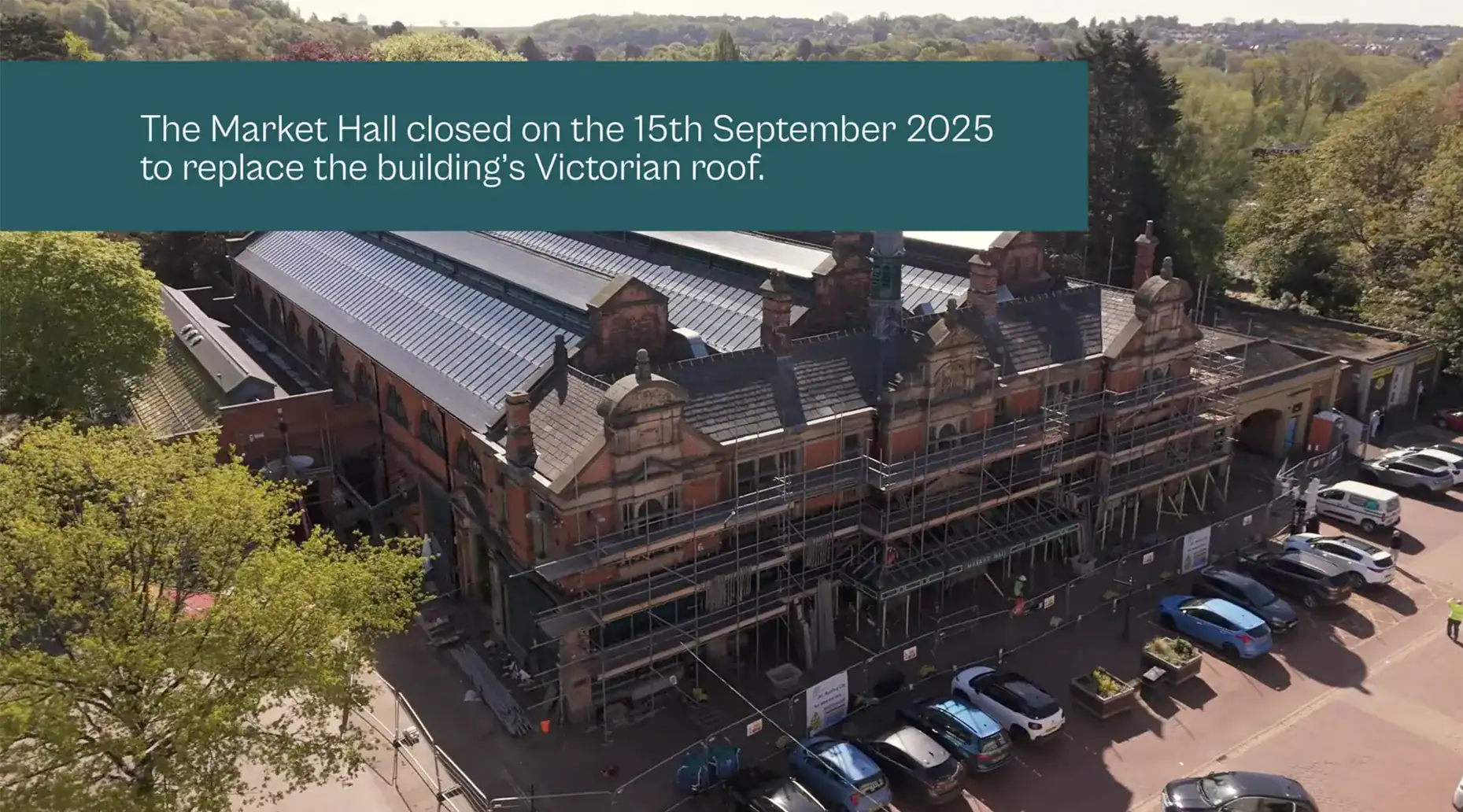 drone shot of a victorian market hall for a community engagement video